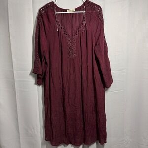 Indigo Rose Burgundy Crochet Lace V Neck 3/4 Sleeve Tunic Dress Plus Size 1X